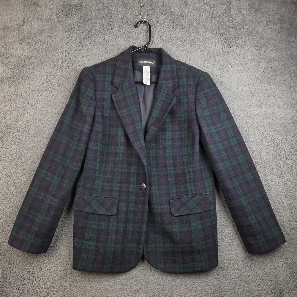 Vintage Sag Harbor Blazer Women's 12 Green Purple Wool Blend 2 Button Old Money